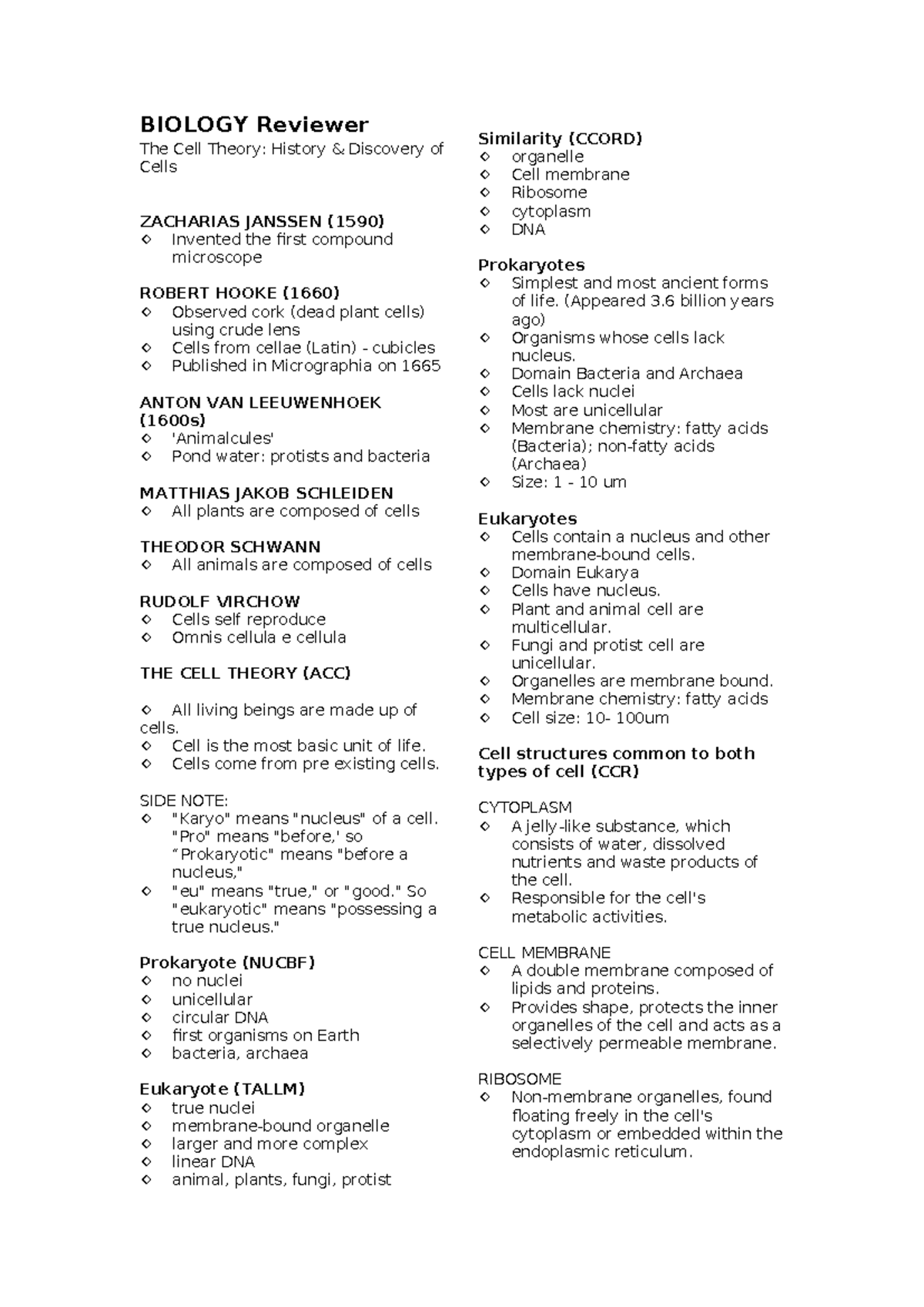 Biology G12 Quarter 1 Reviewer: The Cell Theory and Tissue Types - Studocu