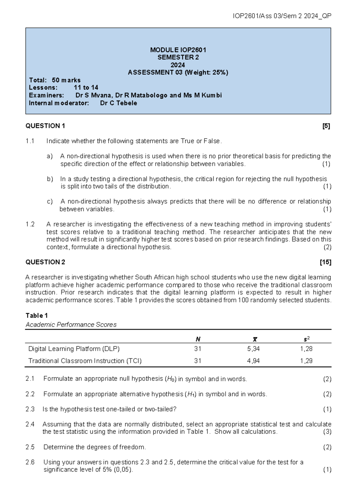 IOP2601 Assessment 03: Hypothesis Testing Analysis for Sem 2 2024 - Studocu