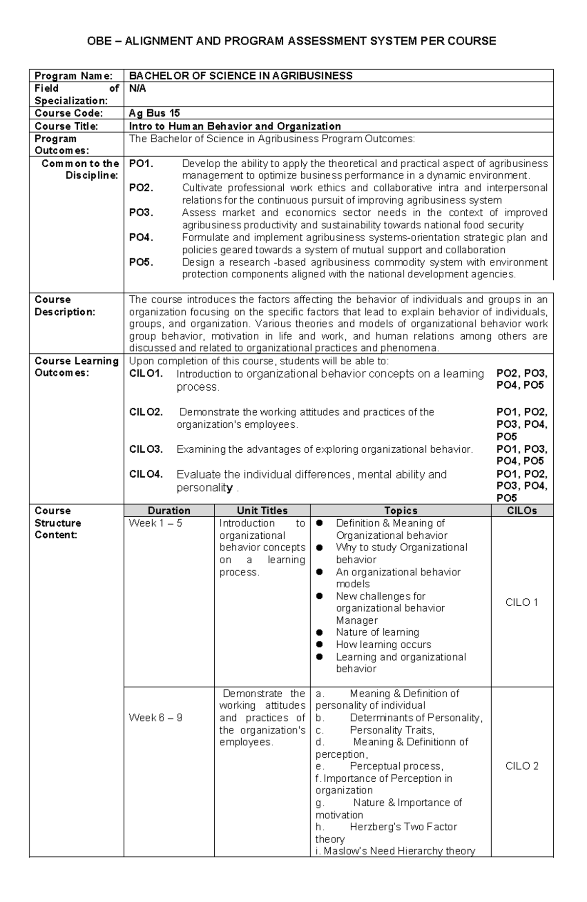 Syllabus: OBE Alignment & Program Assessment for Ag Bus 15 - Intro to ...