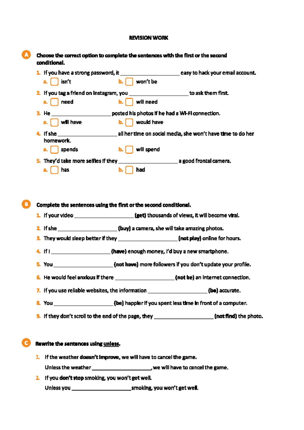 REVISION WORK A: Conditional Sentences Practice for English Test - Studocu