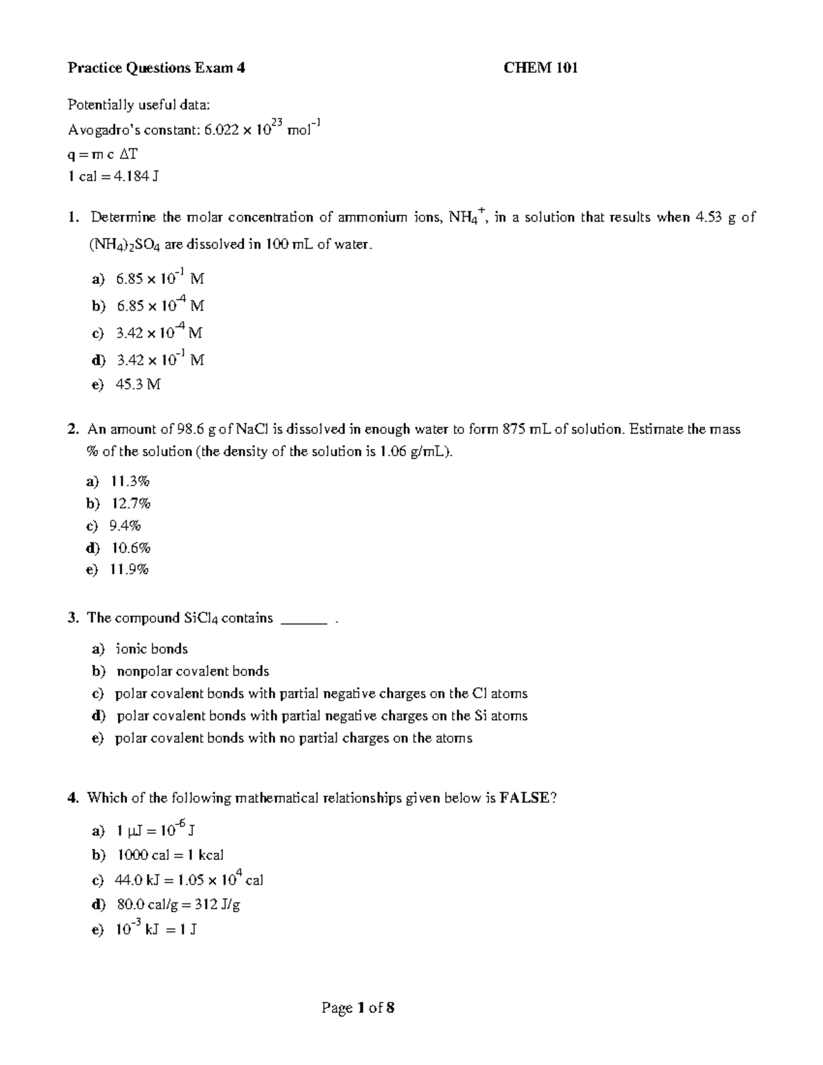 Practice Questions for CHEM 101 Exam 4 - F24 - Studocu
