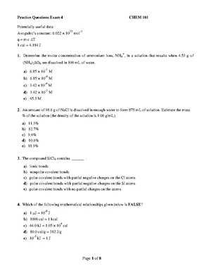 Practice Questions for CHEM 101 Exam 4 - F24 - Studocu