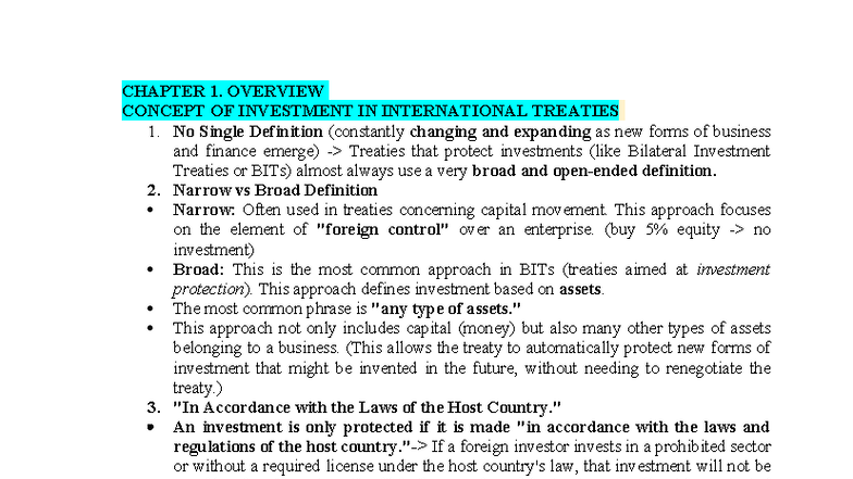 CHAPTER 1: OVERVIEW OF INVESTMENT IN INTERNATIONAL TREATIES - Studocu