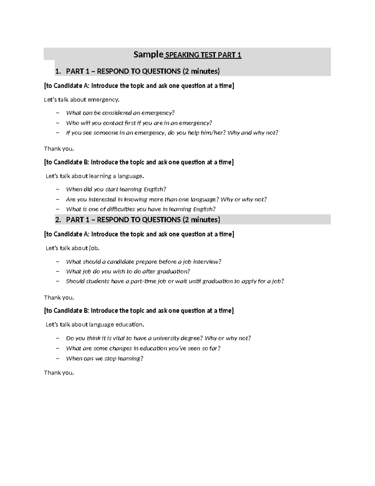 Sample Speaking & Writing Test C1: Part 1 & 2 Overview - Studocu