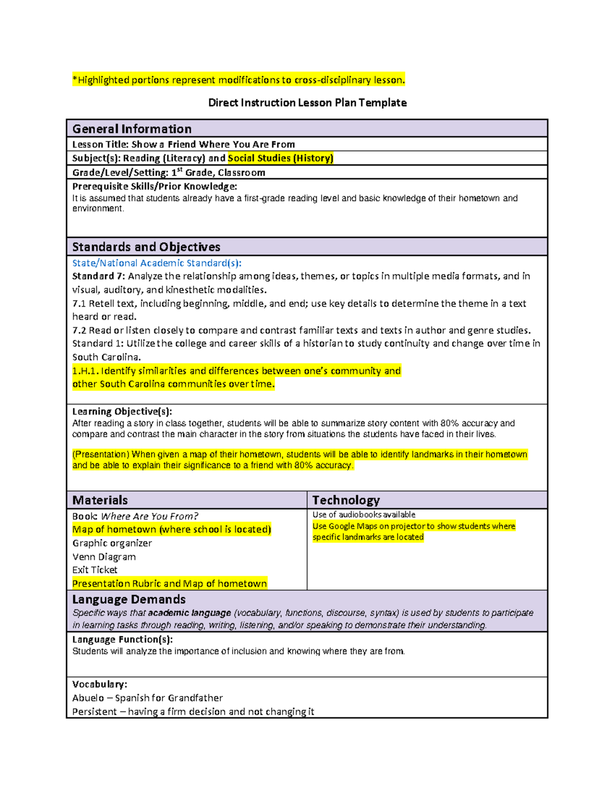 EDU 101: Lesson Plan for 1st Grade Reading & Social Studies Activities ...