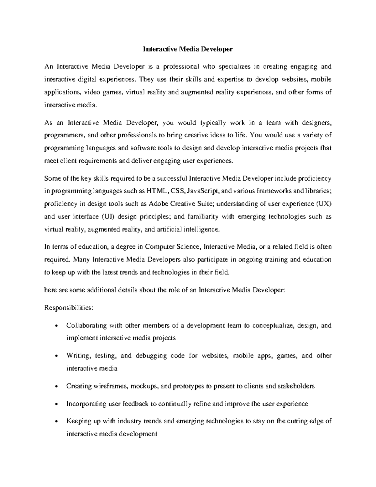 Interactive Media Developer: Skills, Responsibilities & Education - Studocu
