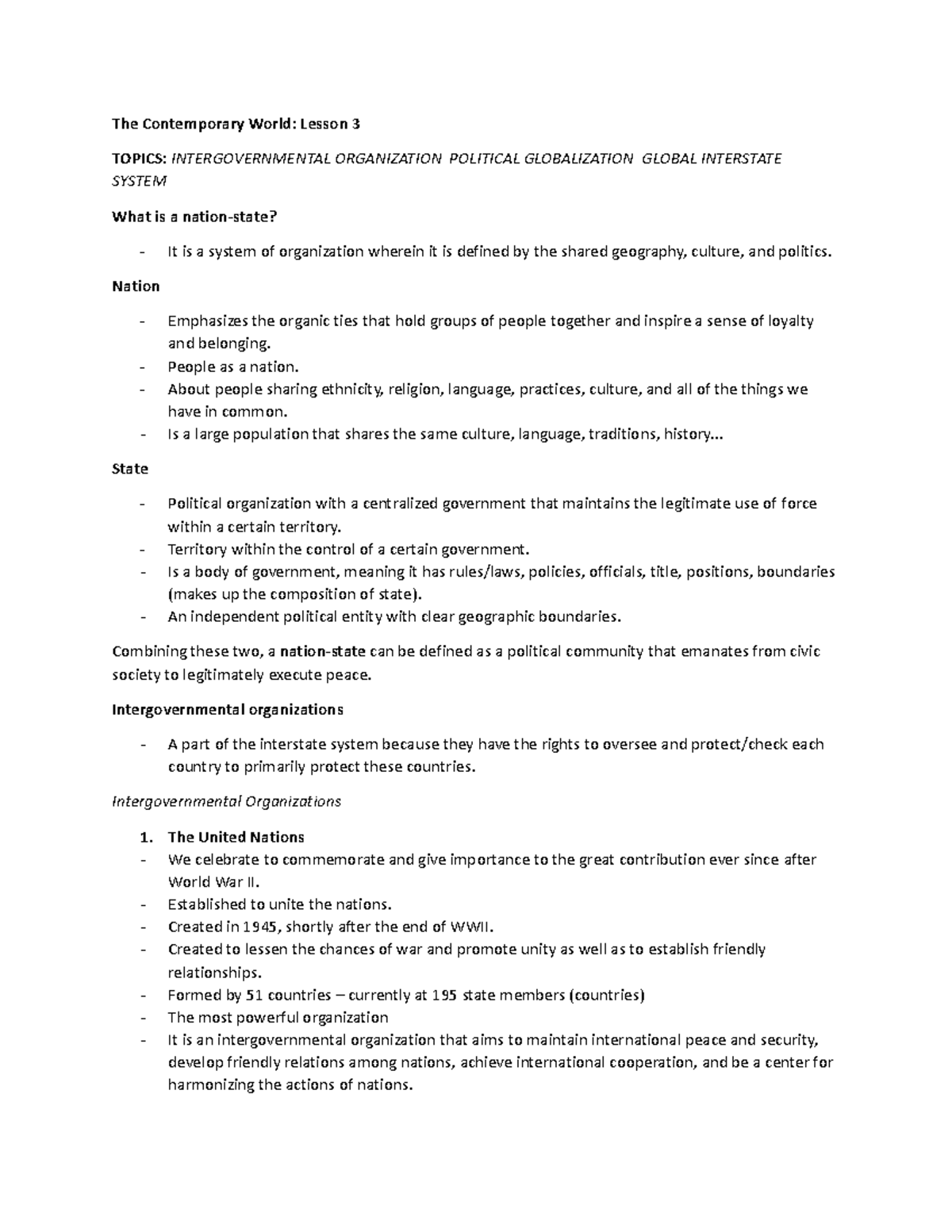 TCW Lesson 3: Global Interstate System & Intergovernmental ...