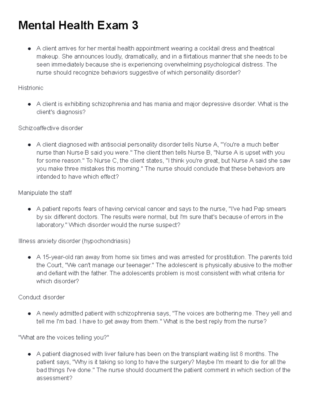 Mental Health Exam 3 - Exam 3 Notes on Disorders and Medications - Studocu