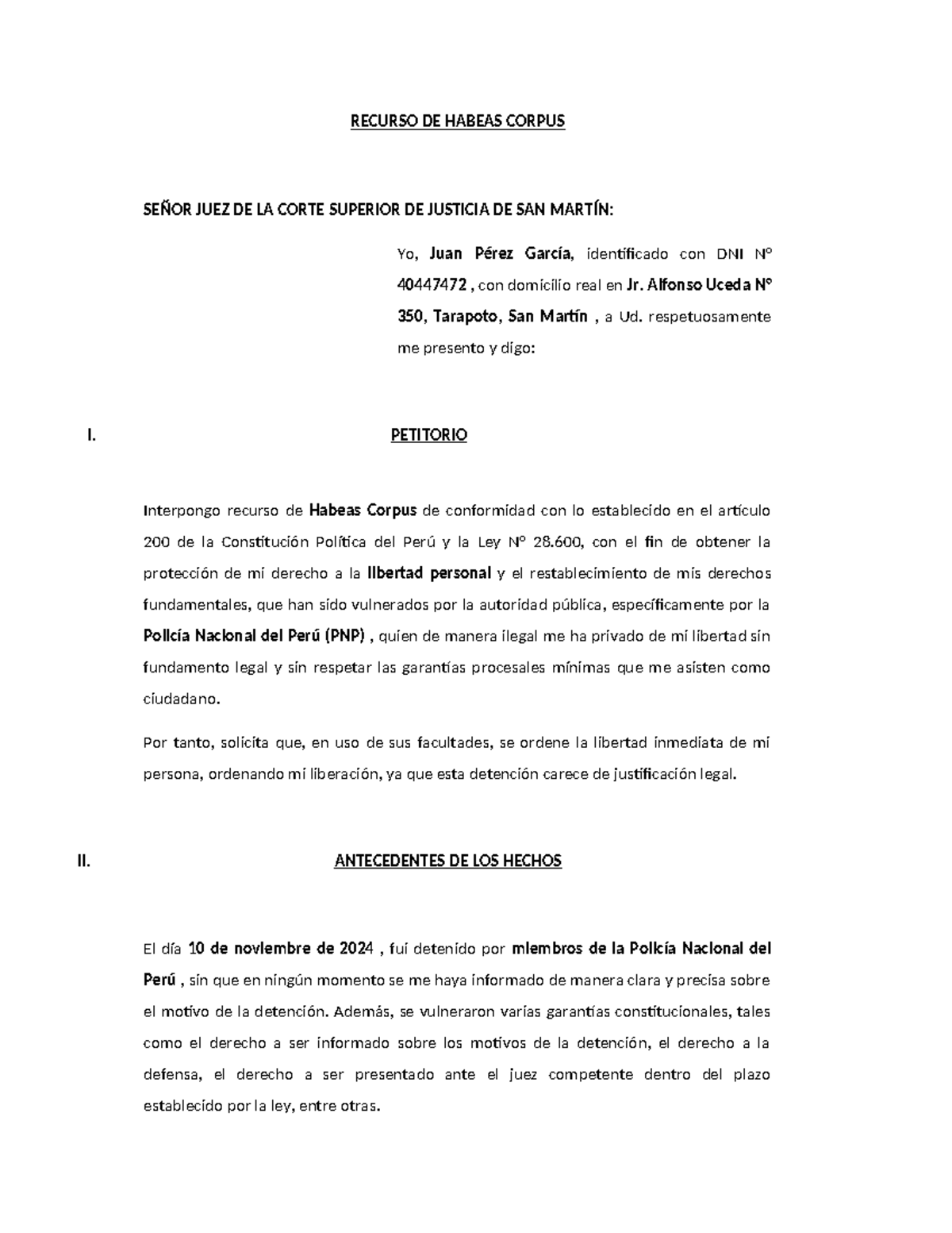 Recurso DE Habeas Corpus - RECURSO DE HABEAS CORPUS SEÑOR JUEZ DE LA ...