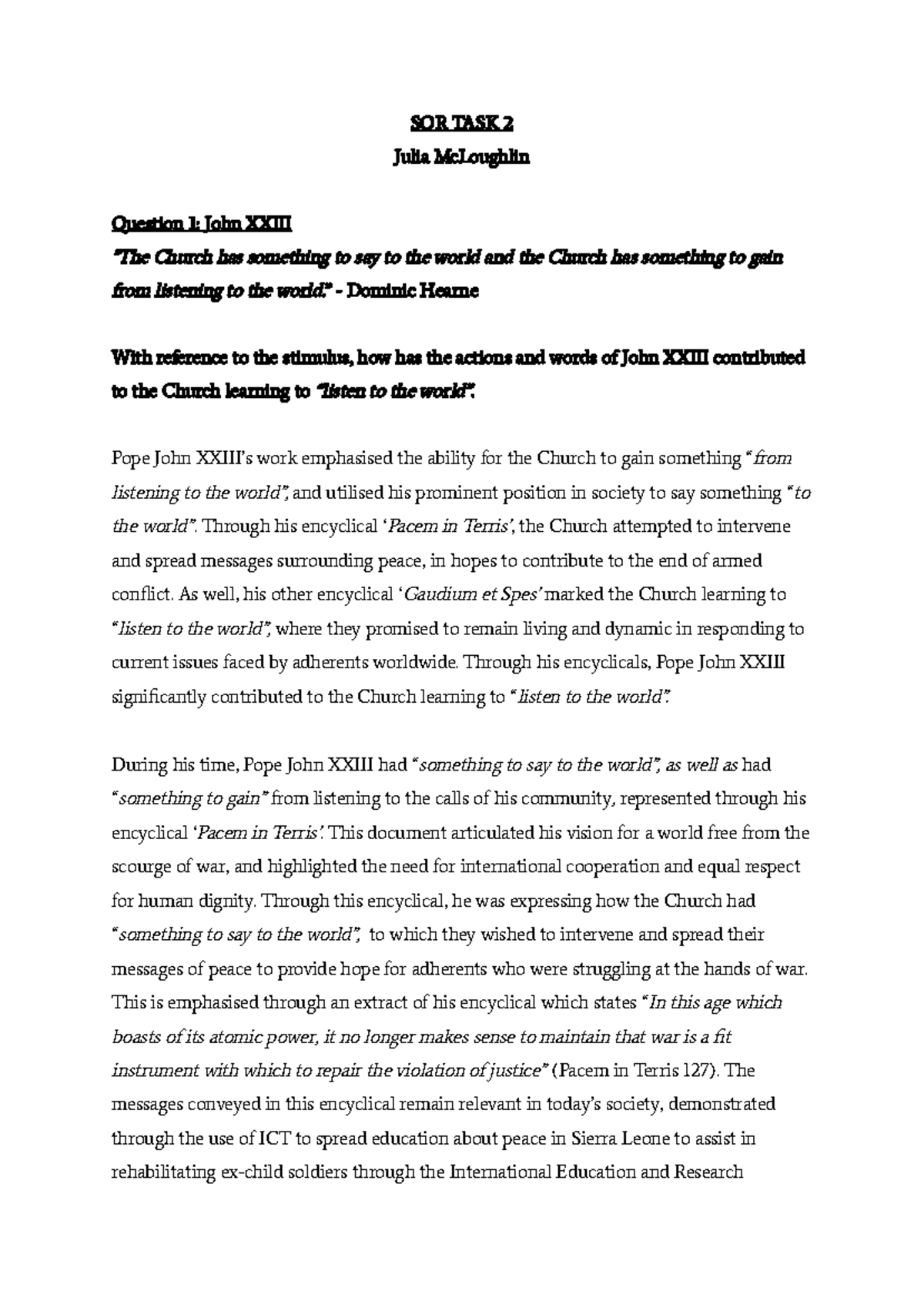 Year 12 SOR 1 Task 2: Pope John’s Encyclicals and Church Adaptation ...
