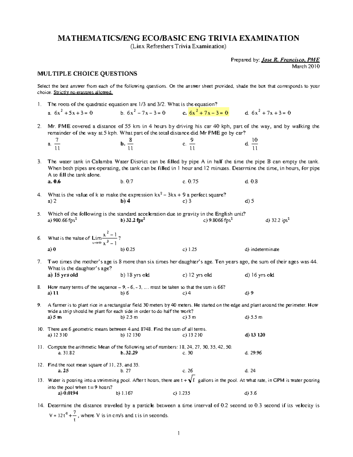 Mathematics Trivia Examination with Answer Key (Linx Refresh April 2010 ...