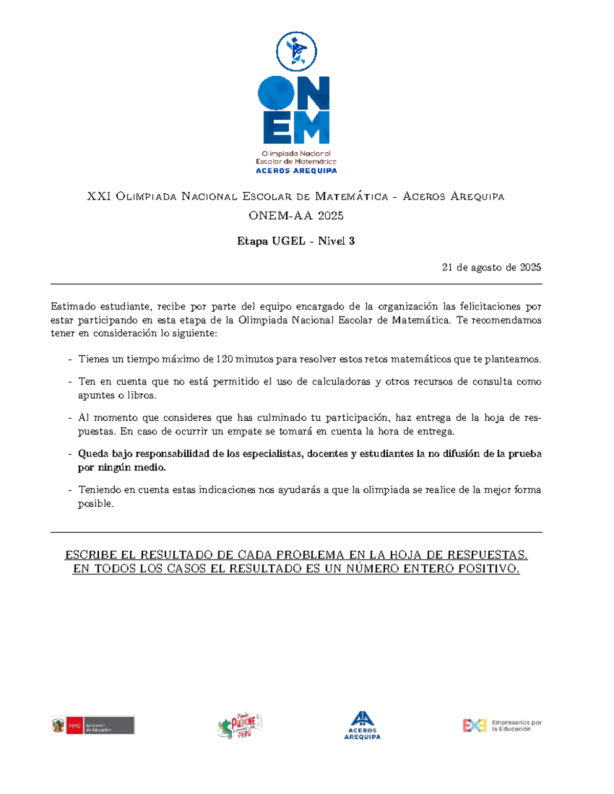 Examen Nivel 3 ONEM 2025 UGEL - Olimpiada Nacional Escolar - Document Preview