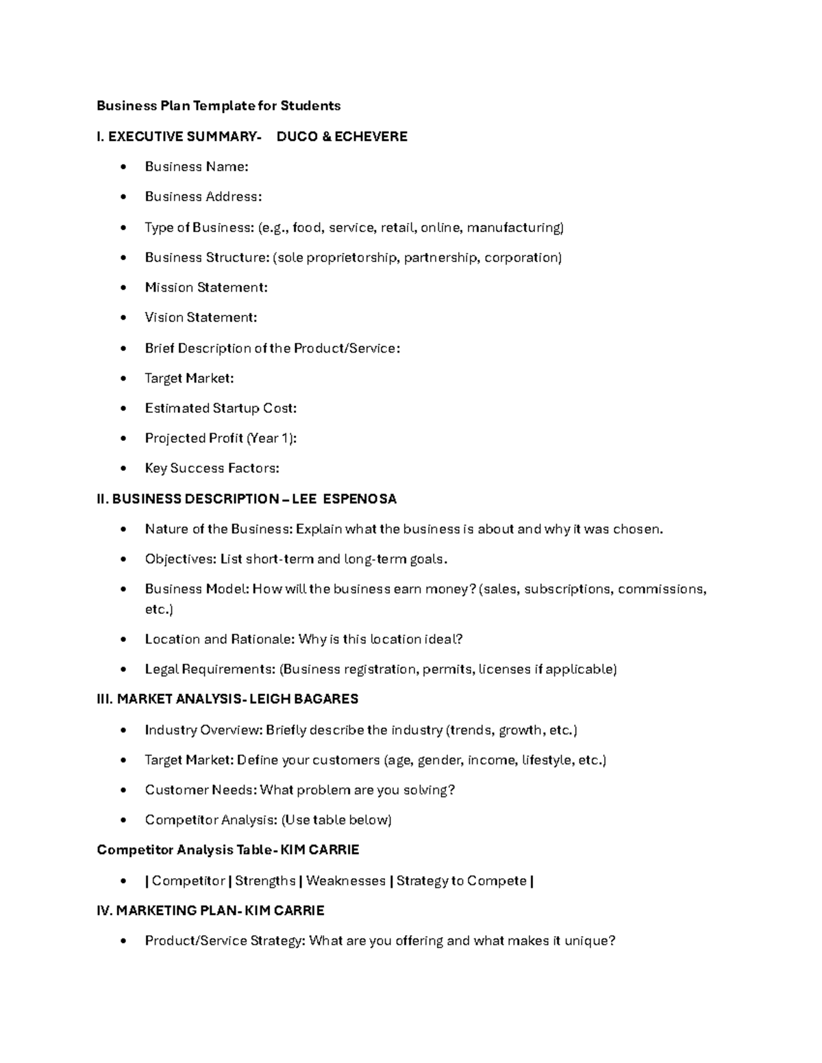 Business Plan Template for Students DUCO ECHEVERE Studocu Business Plan Template for Students DUCO ECHEVERE Studocu