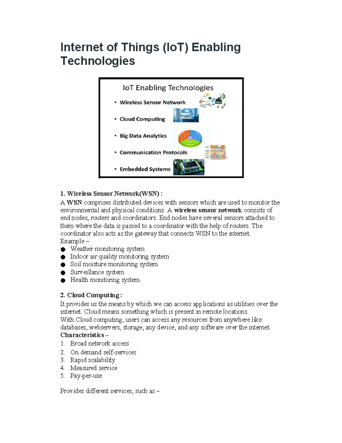 IoT Enabling Technologies: WSN, Cloud Computing, Big Data & More - Studocu