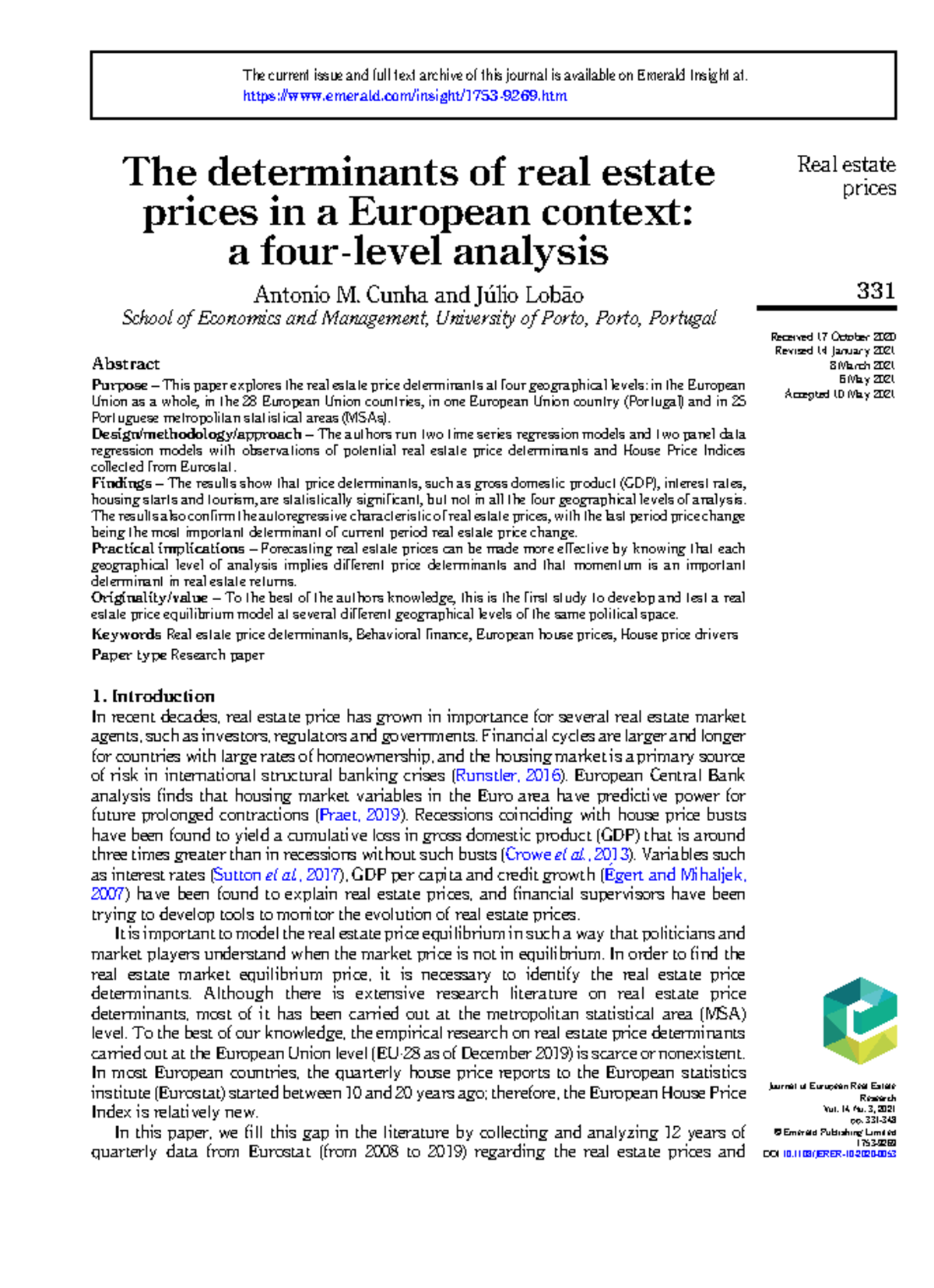 Determinants of Real Estate Prices in Europe: A Multi-Level Analysis ...