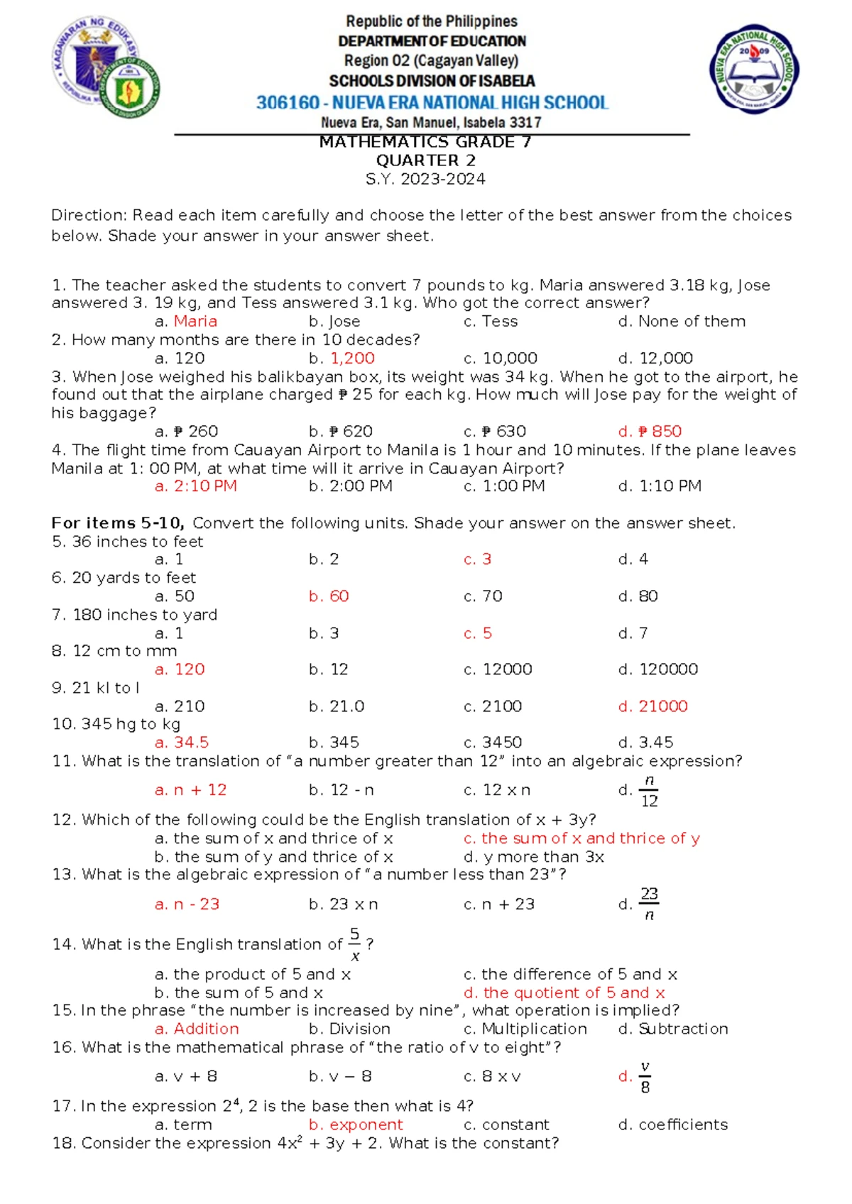 PROJECT PROPOSAL: ADDITIONAL DRILLS FOR GRADE 7 MATH SKILLS - Studocu