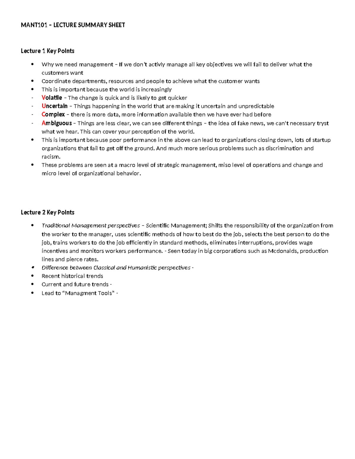 MANT101 - Lecture Summary: Key Management Concepts and Trends - Studocu