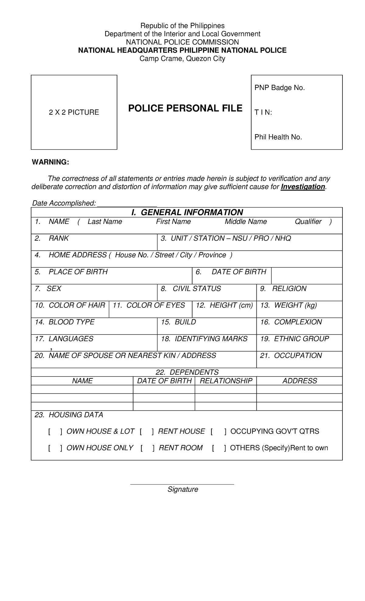 PNP PDS: Police Personnel Data Form for Officers - Studocu