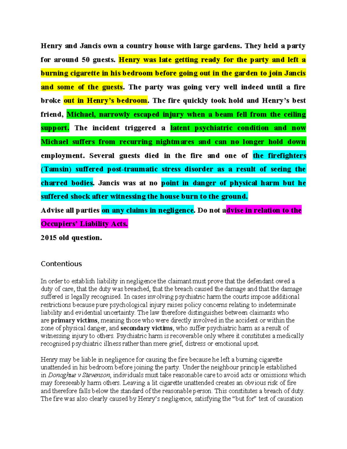P Harm Sample Problem Question: Negligence Claims Analysis - Studocu