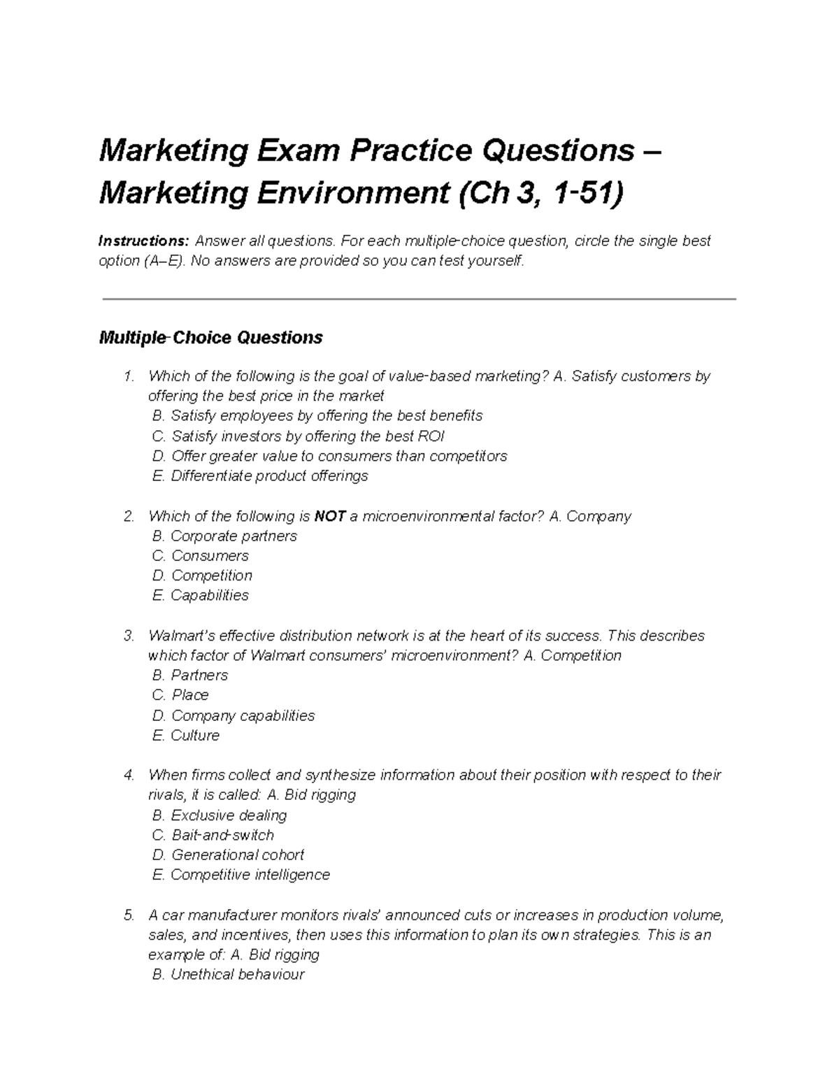 Chapter 3 part 1 - Practice Exam Qs - Marketing Exam Practice Questions ...