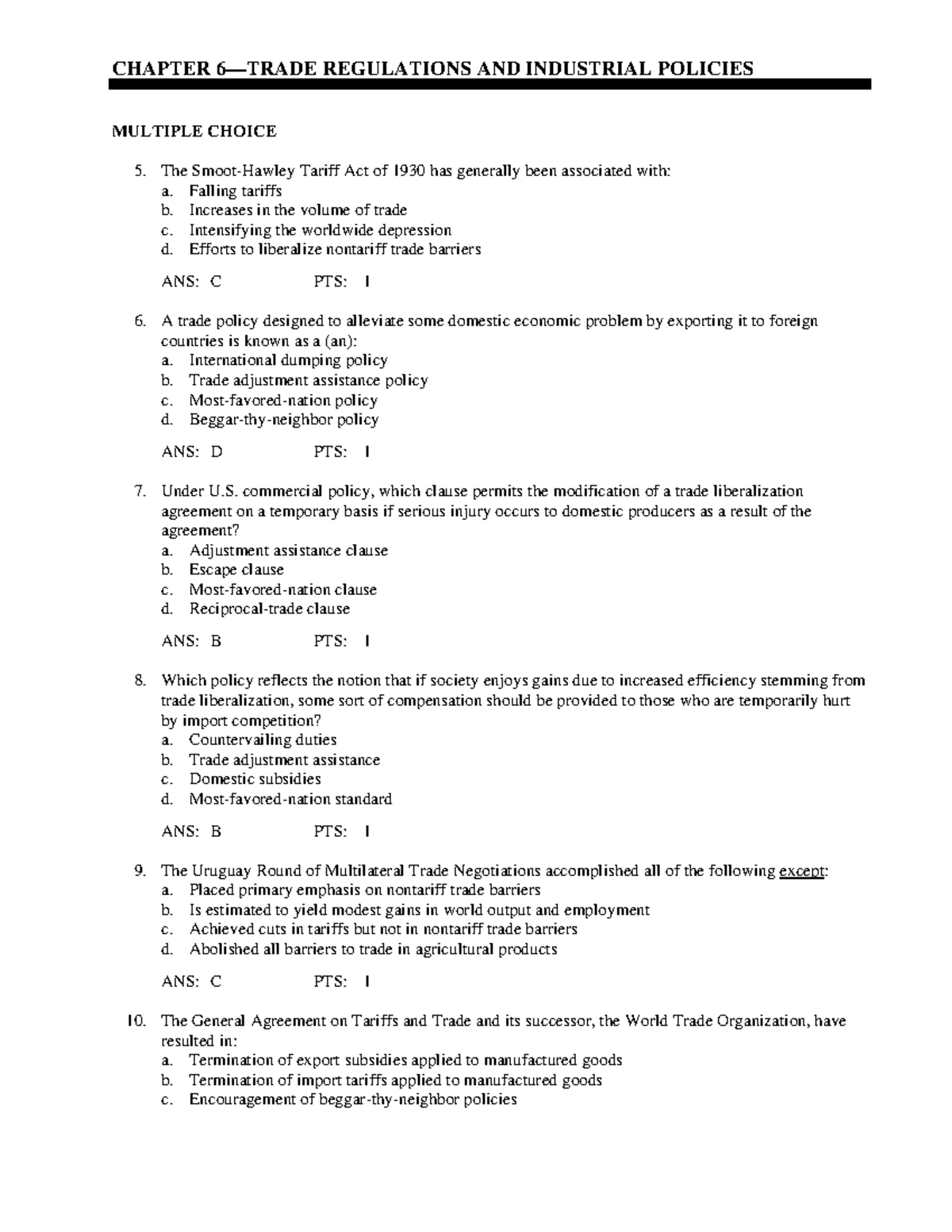 Chapter 06 Test Bank: Sample Questions on Trade Regulations and ...