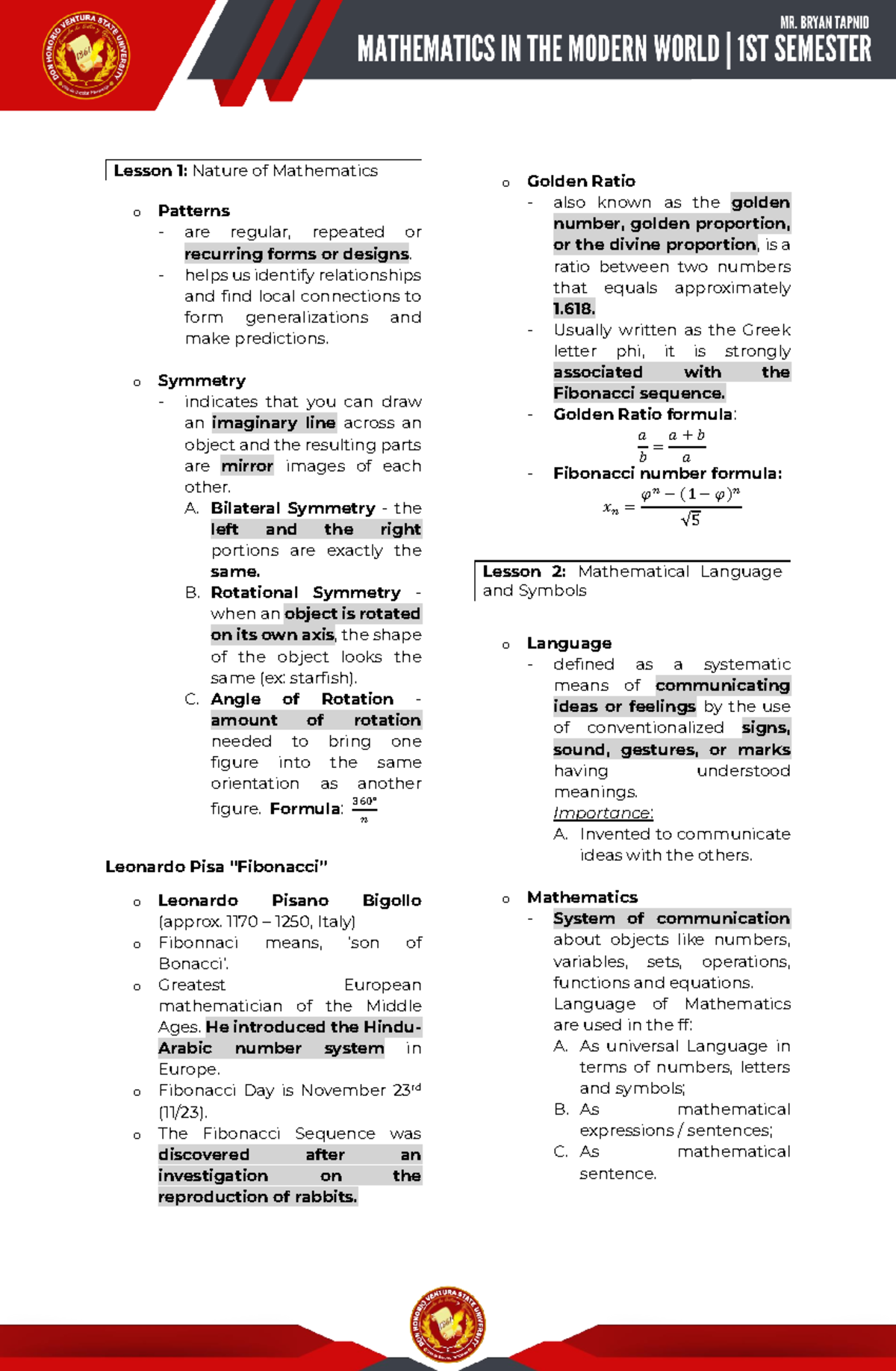 MMW Lesson 1-2: Patterns and Mathematical Logic Overview - Studocu