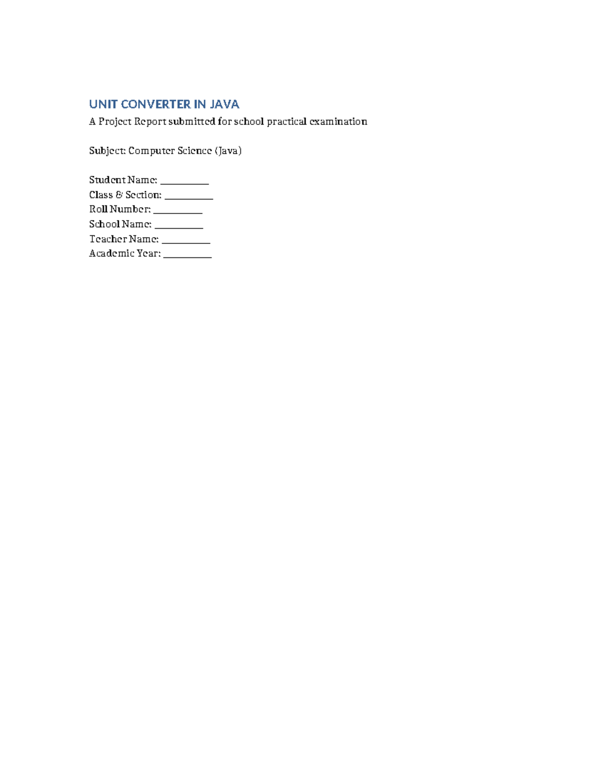 Unit Converter in Java: Detailed Project Report for CS Class - Studocu