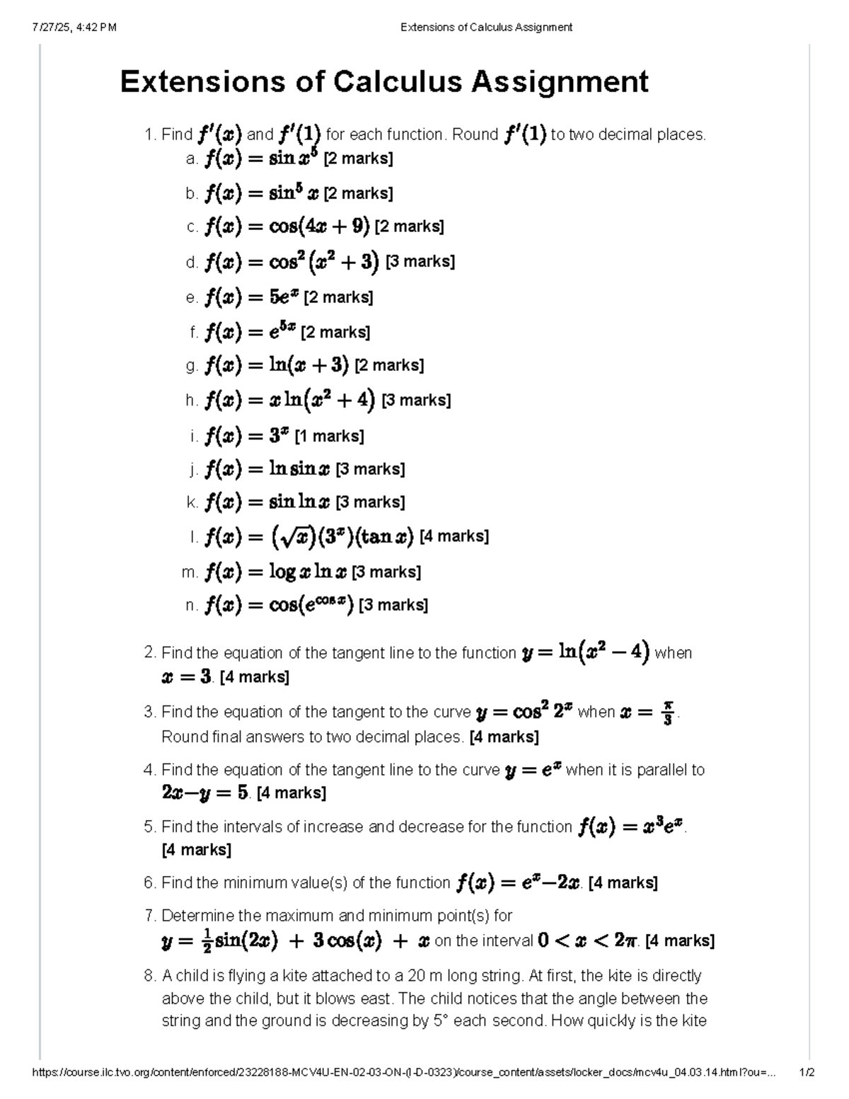 4.3 Extensions of Calculus Assignment: Functions & Tangents - Studocu