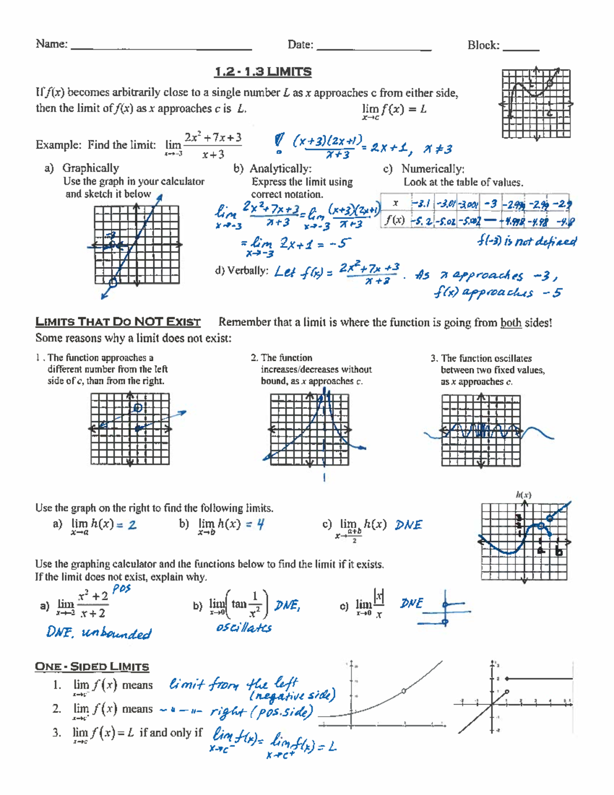Limits Notes KEY - This document provides a key with detailed work for ...