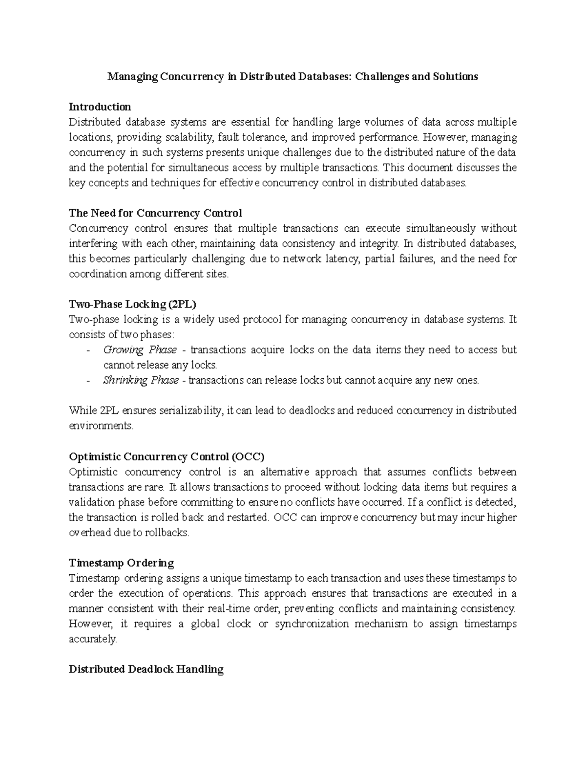 Concurrency Control in Distributed Database Systems: Challenges ...