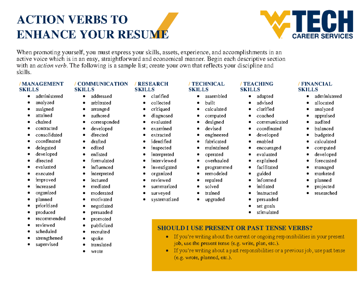 ACTION VERBS FOR RESUME ENHANCEMENT: A GUIDE - Studocu