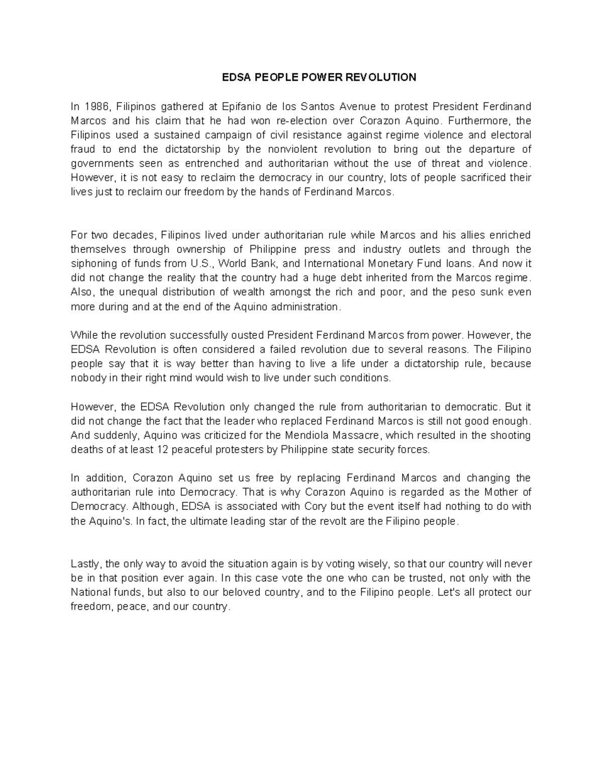 Reflection on the EDSA People Power Revolution: An Opinion Essay - Studocu