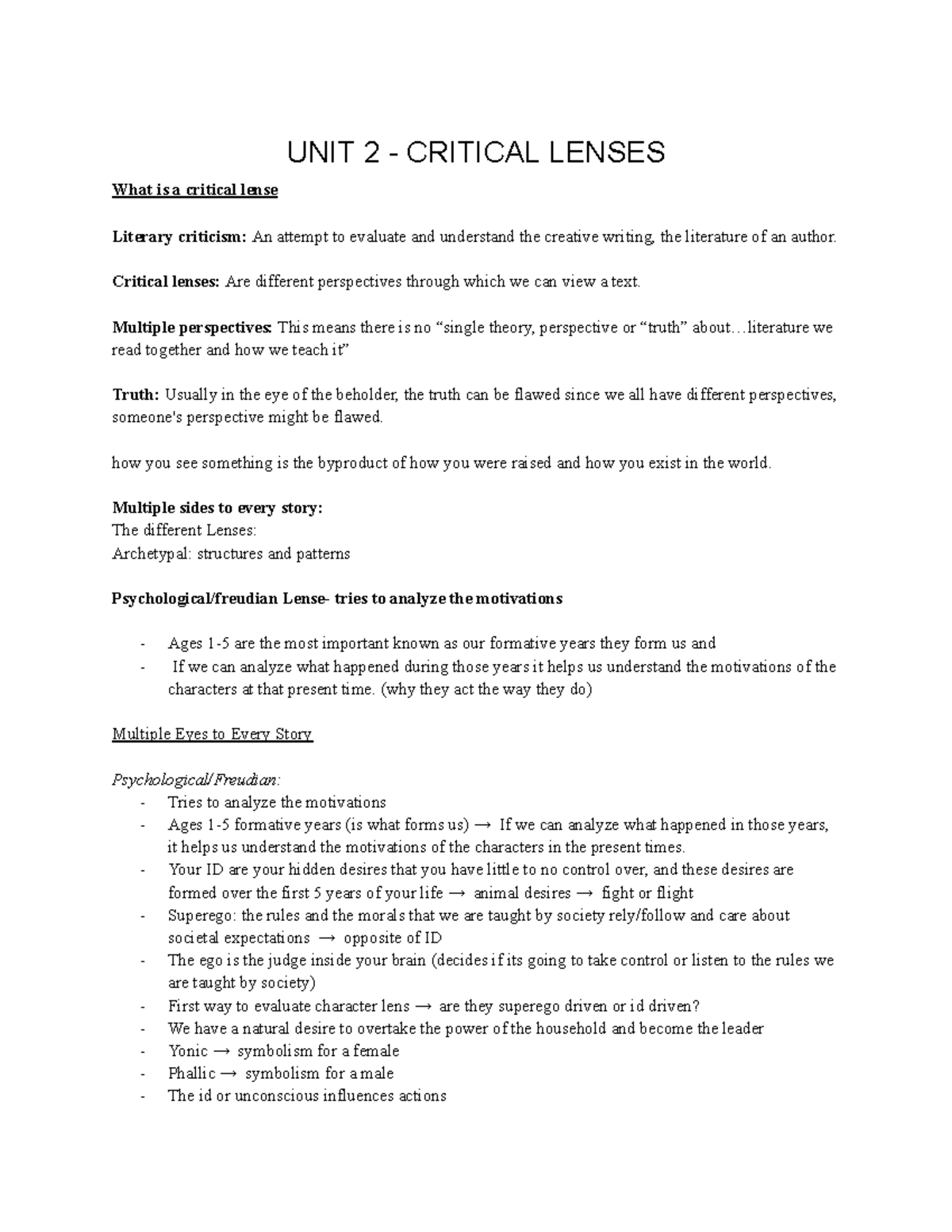 ENG4U - UNIT 2: Exploring Critical Lenses in Literary Analysis - Studocu