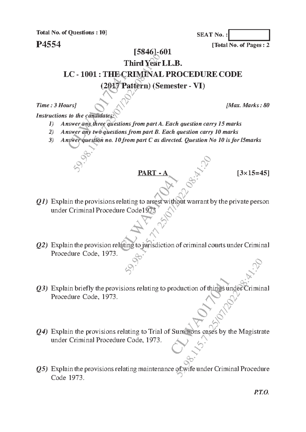 LLB III SEM - Comprehensive Question Paper on Criminal Procedure Code ...