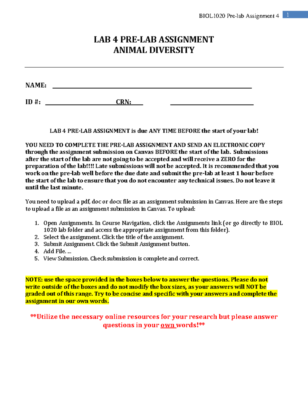 BIOL1020 Lab 4 Pre-Lab Assignment on Animal Diversity - Studocu