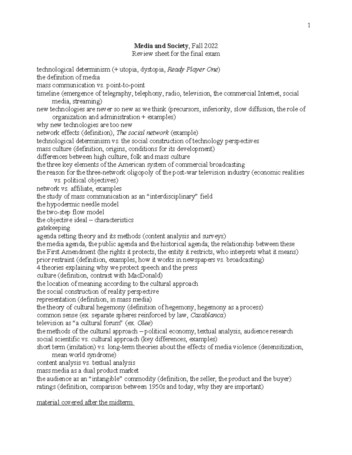 Final Exam Review Fall 22 - Media & Society Key Concepts and Theories ...