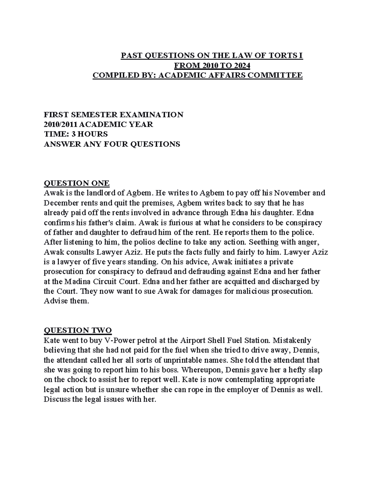 Compiled PAST Questions FOR LAW OF Torts 1 - PAST QUESTIONS ON THE LAW ...