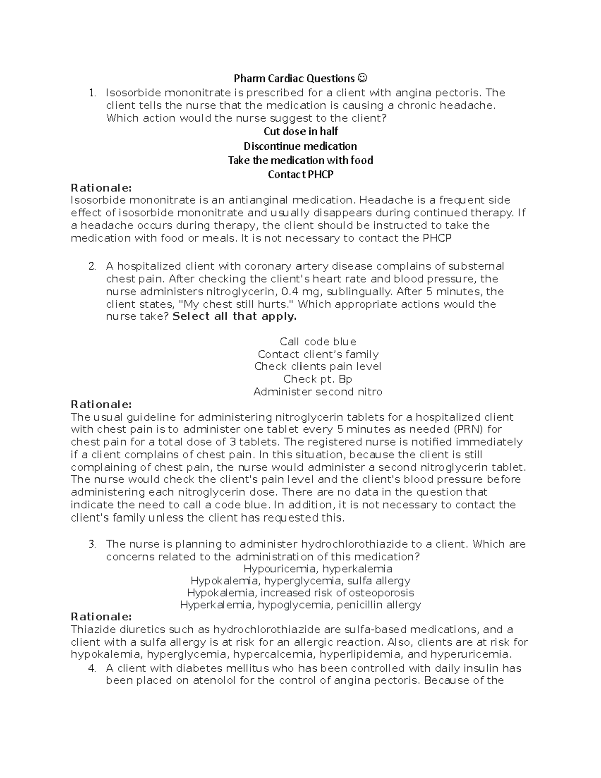 Pharm 101: Cardiac Meds & Nursing Interventions Study Guide - Studocu