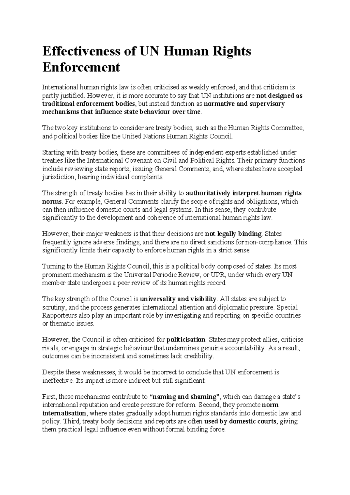 Effectiveness of UN Human Rights Enforcement: A Critical Analysis - Studocu