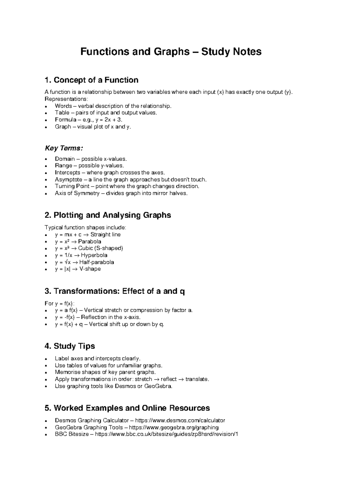 Functions and Graphs Study Notes: Key Concepts and Tips - Studocu