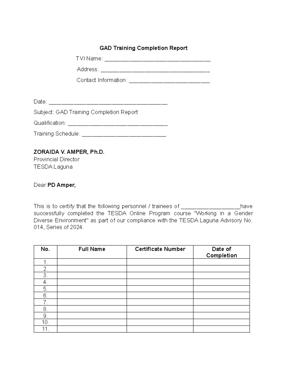 GAD Training Completion Report - AMPER, Ph. Provincial Director TESDA ...