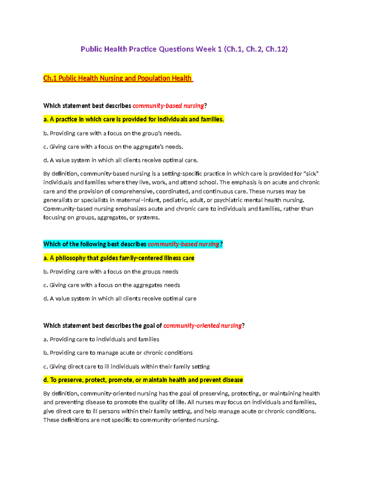 Public Health Practice Questions (NUR 101) - Week 1 Overview - Studocu