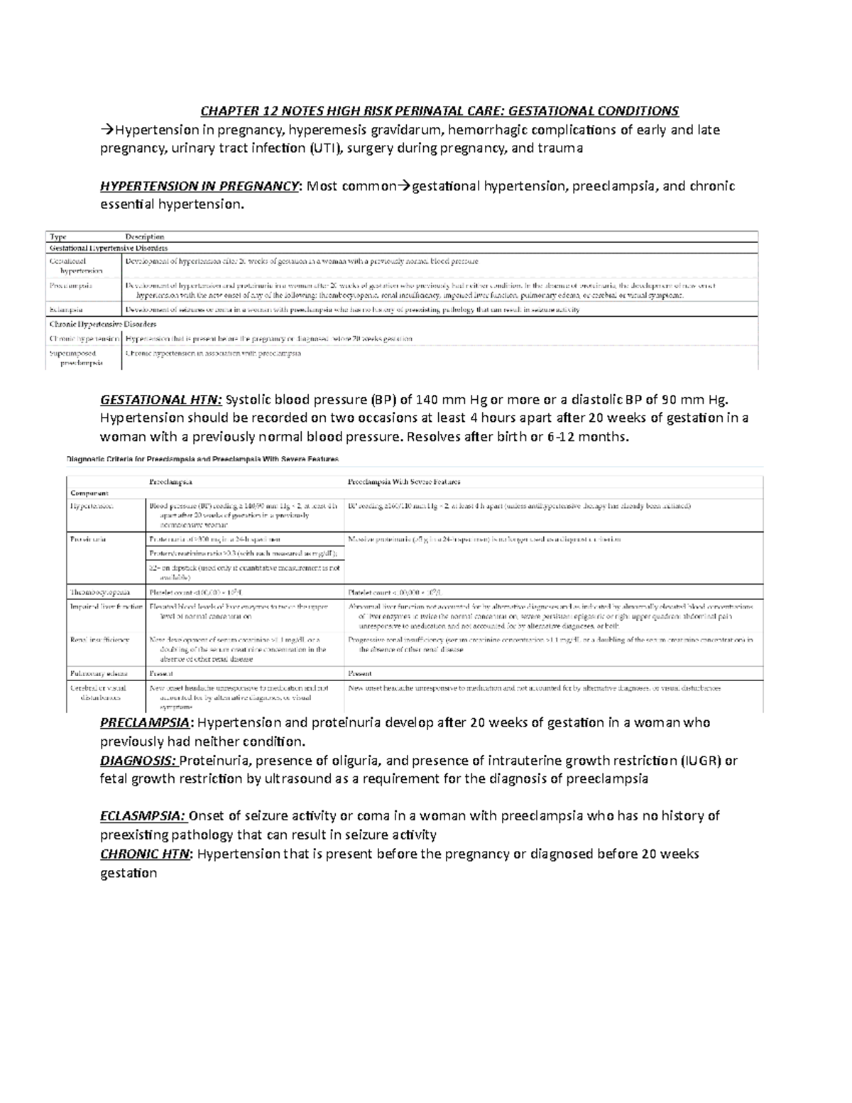 High Risk Perinatal Care: Chapter 12 Notes on Gestational Conditions ...