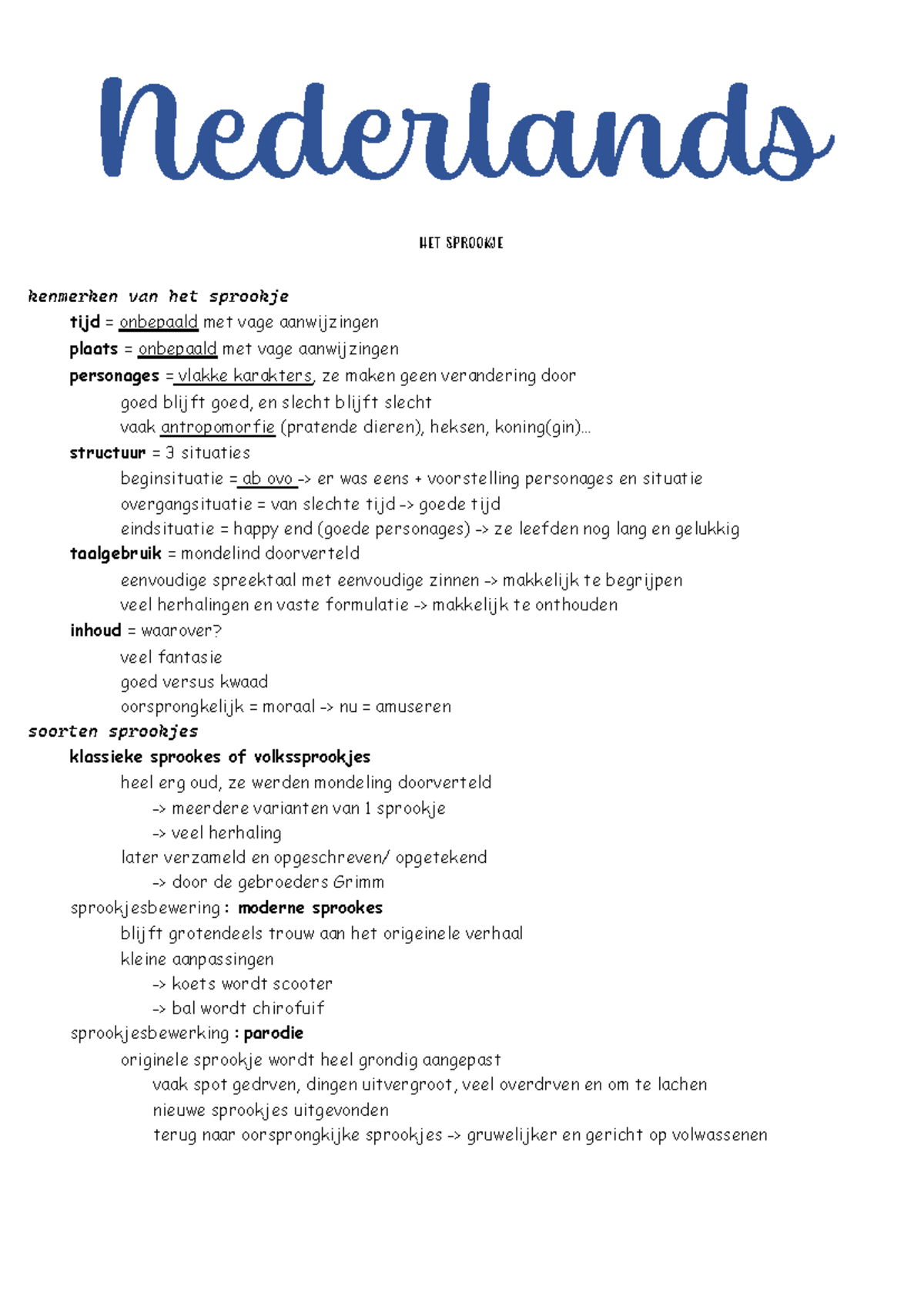 Nederlands samenvatting het sprookje - kenmerken van het sprookje tijd ...
