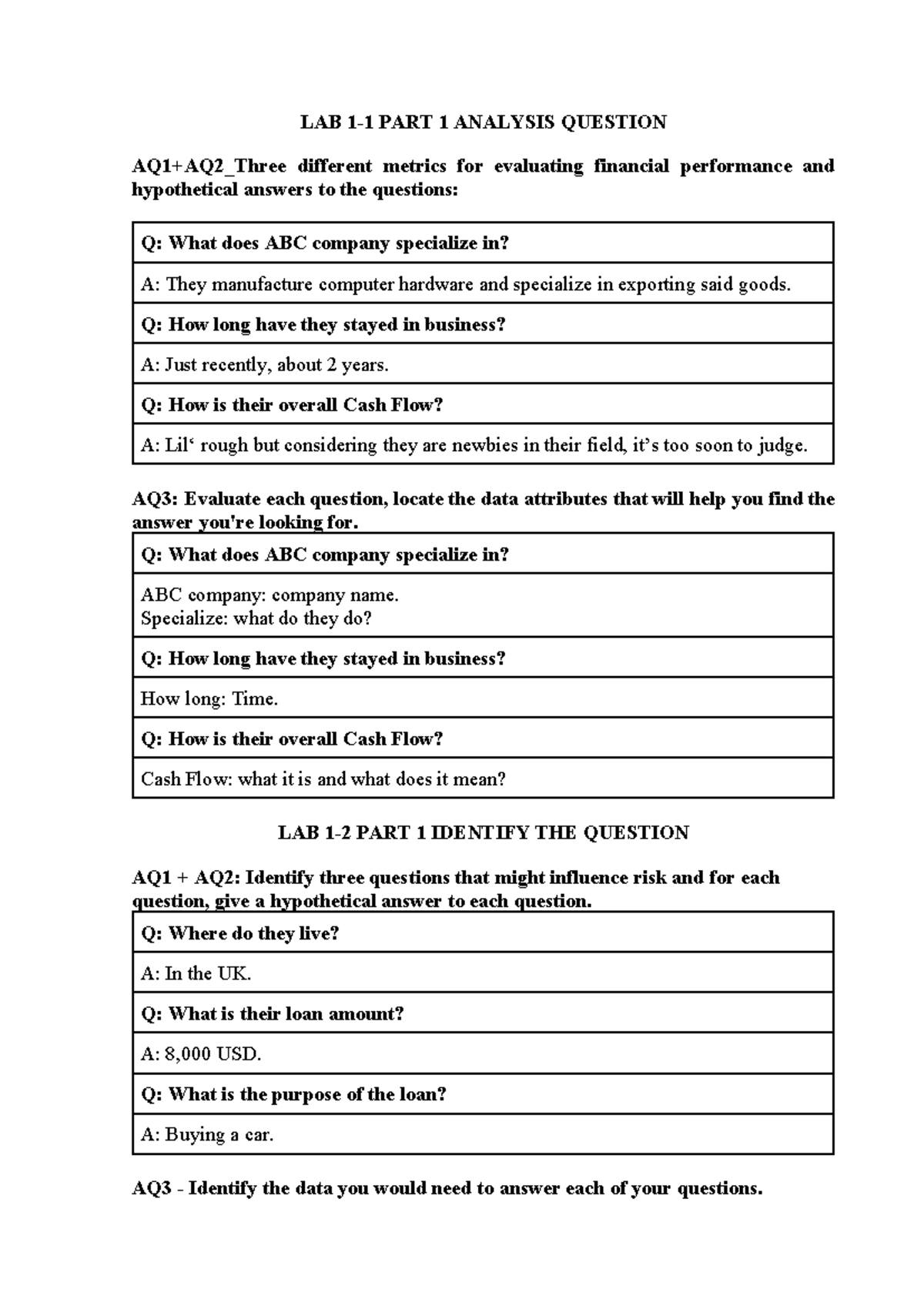 LAB 1 Analysis Questions and Financial Performance Metrics - Studocu