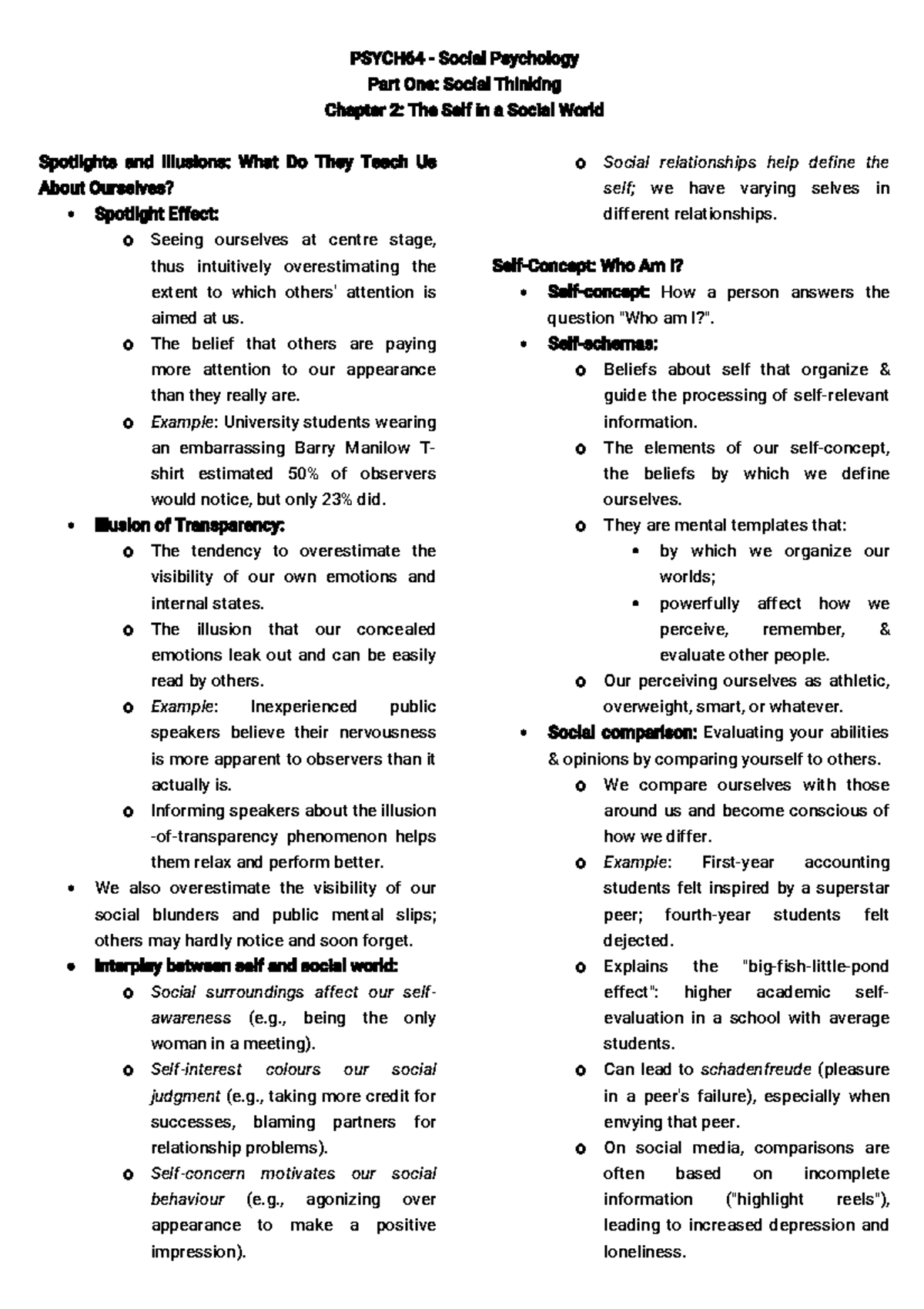 PSYCH64 Social Psychology Chapter 2: The Self in a Social World Notes ...