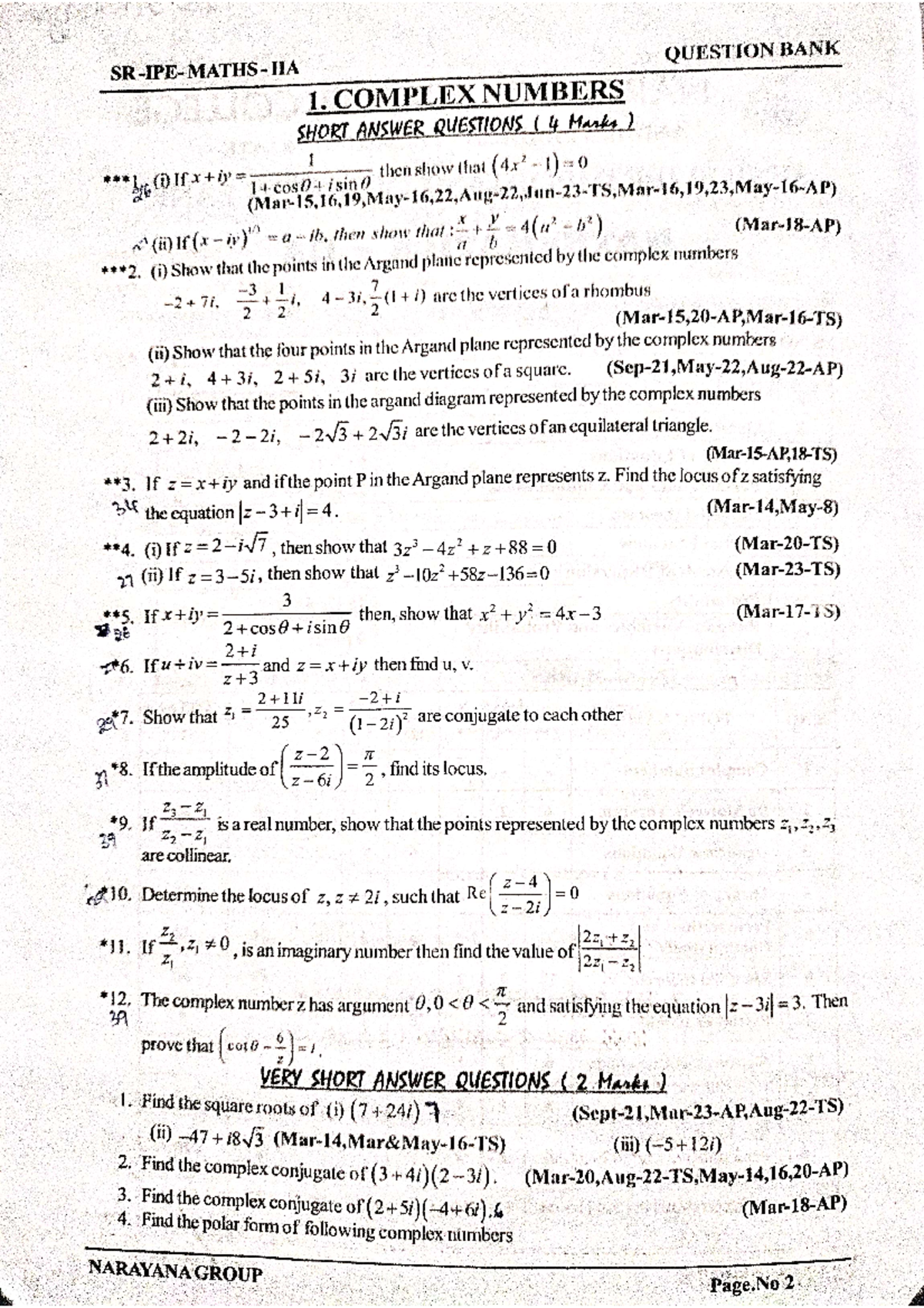 Sr mpc narayana question bank - QUESTION BANK 1. COMPLEX NUMBERS SHORT ...