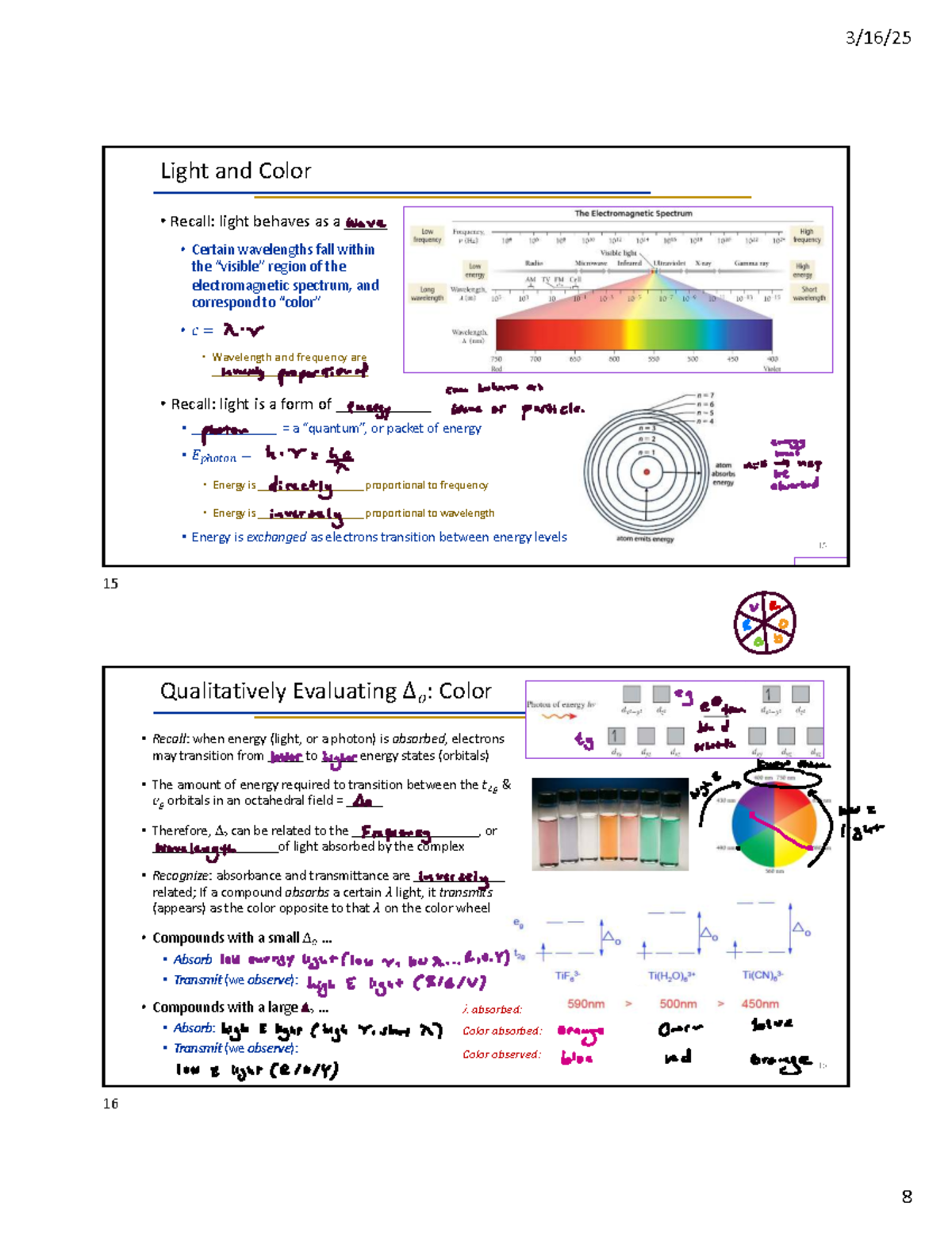 Gen Chem 3 - Lecture 3 notes - 3/16/ Light and Color Recall: when ...