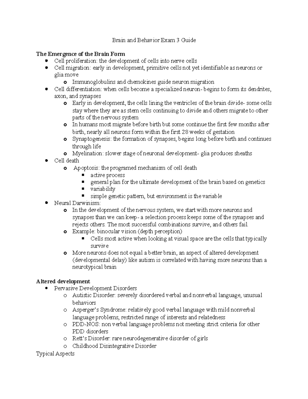 Brain and Behavior Exam 3 Study Guide: Development & Disorders - Studocu