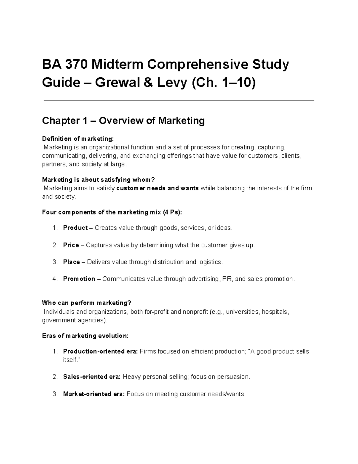 BA 370 Midterm Comprehensive Study Guide – Marketing Principles (Ch. 1 ...